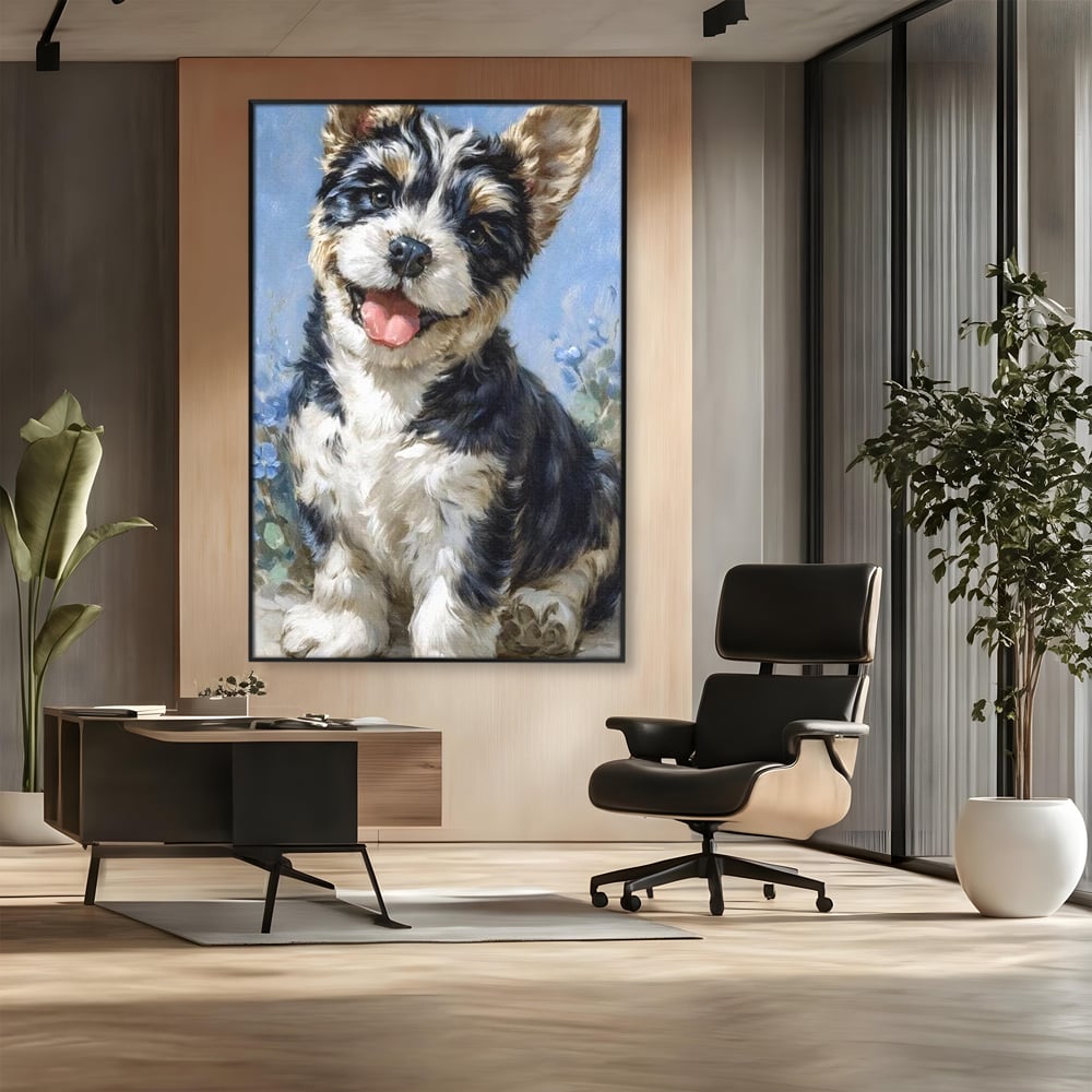 Tablou canvas cu tablou canvas cu catelus pufos, in rama de aluminiu negru, pe perete intr-un birou